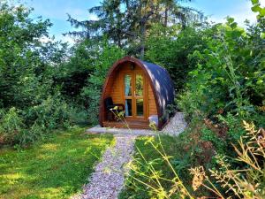 a small wooden cabin in the middle of a garden at Pods Alte Schule in Elchweiler