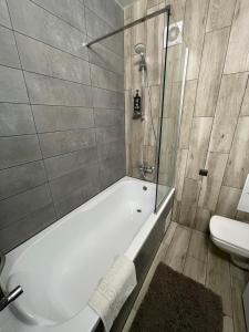 a bathroom with a bath tub and a toilet at V&G Apartment in Lviv