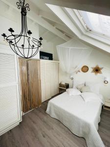 a bedroom with a white bed and a chandelier at Blue Lagoon, cottage les pieds dans l eau in Terre-de-Haut