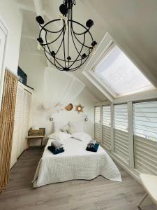 a bedroom with a large bed and a chandelier at Blue Lagoon, cottage les pieds dans l eau in Terre-de-Haut