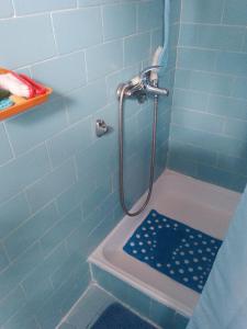 een blauwe betegelde badkamer met een douche met een afvoer bij Apartmani Planinska kuća, Jagodnja in Krupanj