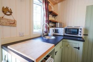 a small kitchen with a sink and a microwave at The Laburnum Retreat Shepherd Hut private hot Tub in Upper Hulme