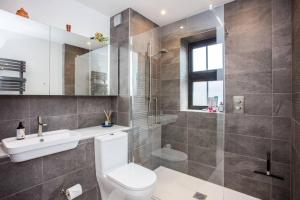 Stunning 1 Bedroom Apartment nearby Borough Market في لندن: حمام مع مرحاض ومغسلة ودش