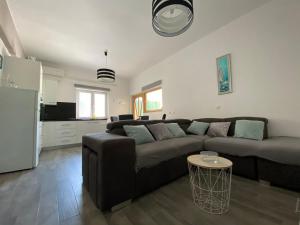 uma sala de estar com um sofá castanho e uma cozinha em Apartman Branka em Dobropoljana
