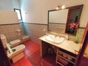 a bathroom with a sink and a toilet and a mirror at Casa Juanito in Riópar
