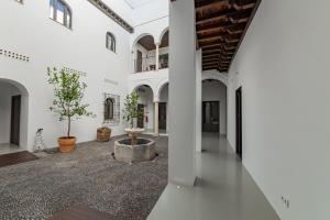 un pasillo con paredes blancas y un patio con macetas. en Casa del Cardenal, en Córdoba