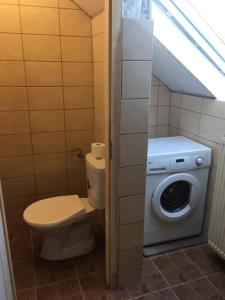 a bathroom with a toilet and a washing machine at Peregrino Vendégház in Budaörs +12 photos