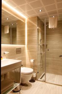Un baño con inodoro y ducha de cristal. en Sogut Hotel Old City, en Estambul