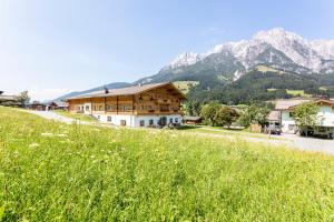 a house on a hill with mountains in the background at Der Pfindlhof in Leogang