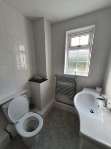 a white bathroom with a toilet and a sink at Station House in St Austell