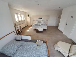 a large room with two beds and a couch at Pension Zweite Heimat in Wörth am Main