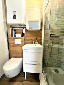 パリにあるLes Halles Appartementsの小さなバスルーム(トイレ、シャワー付)