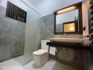 een badkamer met een wastafel, een toilet en een spiegel bij The Ivy Lake in Anuradhapura
