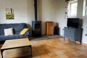 a living room with a couch and a wood stove at Gîte rural Les petites têtes in Leuze-en-Hainaut