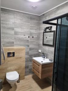 łazienka z toaletą i umywalką w obiekcie Pokoje pod Wietrznią w Kielcach