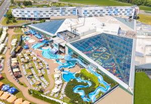 an aerial view of a resort with a water park at Aquapalace Hotel Prague in Čestlice