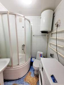 y baño con ducha, aseo y lavamanos. en 1 комн. Апартаменты на Назарбаева 72, en Kokshetau
