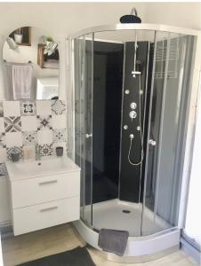 a glass shower in a bathroom with a sink at Charmant T2 proche vieille ville in Montluçon