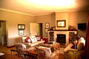 a living room with a couch and a fireplace at Watersmeet cottages in Dullstroom