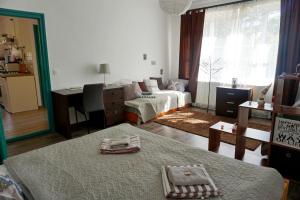 un soggiorno con letto e scrivania e una camera da letto di Tündér Róza Apartman a Miskolctapolca