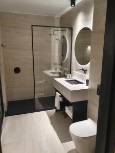 a bathroom with a toilet and a sink and a mirror at Lastarria Hotel in Santiago