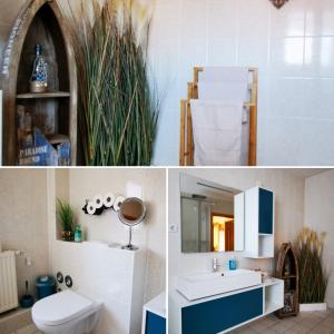 two pictures of a bathroom with a toilet and a sink at Ferienwohnungen Am Rathaus und No11 in Havelberg