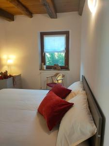 a bedroom with a bed with red pillows on it at Casa Vacanze Al Molino in Brischis
