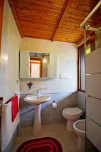 ein Badezimmer mit einem Waschbecken, einem WC und einem Spiegel in der Unterkunft Villetta Turagri 38 in Costa Rei