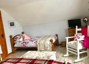 a bedroom with a bed and a tv and a chair at Ty Croeso in Ballymoney