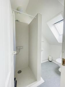 y baño blanco con ducha y aseo. en aday - Charming loft studio, en Aalborg