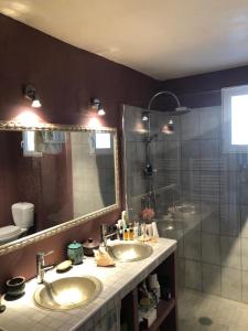 uma casa de banho com 2 lavatórios e um chuveiro em Magnifique longère du Cotentin em Heugueville-sur-Sienne