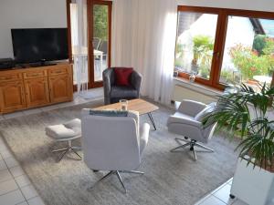 a living room with chairs and a table and a tv at Ferienwohnung Rieth in Dürbheim