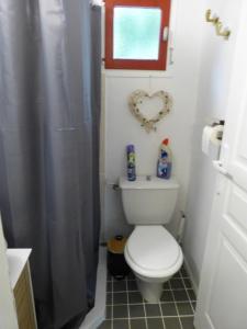 een badkamer met een toilet met een hart aan de muur bij 4-Gîte 4 personnes avec piscine in Saint-Aubin-de-Nabirat