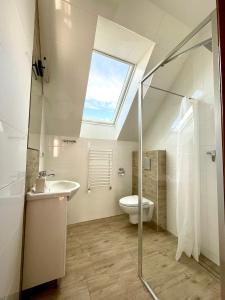 a bathroom with a sink toilet and a skylight at Stara Fara in Jurgów