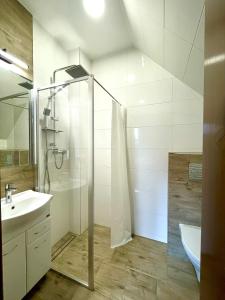 a bathroom with a shower and a sink at Stara Fara in Jurgów +25 photos