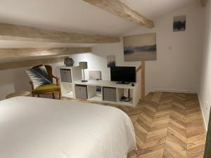 1 dormitorio con 1 cama, TV y silla en Maison St Victor en Castellane