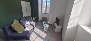 a living room with a couch and a tv at STUDIO Dole Grevy deux étoiles, in Dole