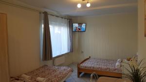 Pokój z dwoma łóżkami i telewizorem na ścianie w obiekcie Dom Wypoczynkowy JOANNA w Dziwnowie