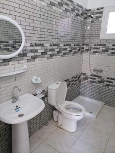 uma casa de banho com um WC branco e um lavatório. em Maison a louer à kelibia em Kelibia