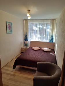 a bedroom with a bed and a chair and a window at Nameliai ir apartamentai Šventojoje in Šventoji