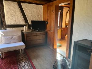 a living room with a tv and a chair and a table at Ferienwohnung am Schlossgarten in Schmieheim