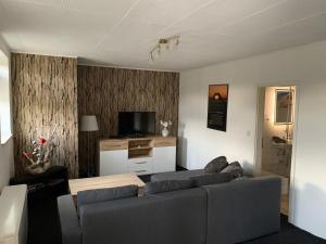 a living room with a couch and a tv at Ferien-Landleben in Löbnitz
