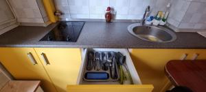 a small kitchen with a stove and a sink at Central Residence in Ploieşti +25 photos