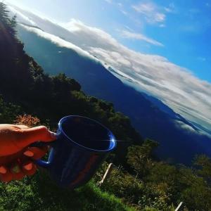 a person holding a blue cup in front of the ocean at Casa de campo Jaulares in Alaska