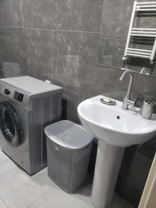 a bathroom with a sink and a washing machine at Premium apartment in hotel-type residential comple, reservation a room for at least three days in Bakuriani