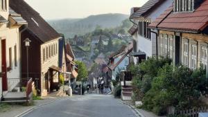 una calle vacía en una pequeña ciudad con edificios en Schönblick, en Sankt Andreasberg