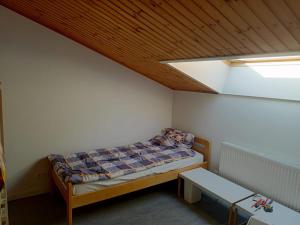 1 dormitorio pequeño con 1 cama y tragaluz en Zonga Chalet Catan, en Waulsort