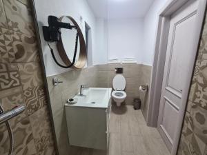 ein Badezimmer mit einem weißen Waschbecken und einem WC in der Unterkunft URBANIST Guest House in Călimăneşti