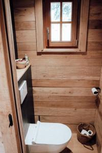 a small bathroom with a toilet and a window at The WoodPecker Lodge in Waimes