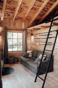 a living room with a couch and a ladder at The WoodPecker Lodge in Waimes